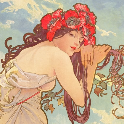 A person with long twining hair wearing a headdress of red flowers leans on a vine