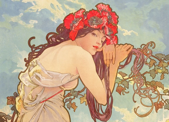 A person with long twining hair wearing a headdress of red flowers leans on a vine