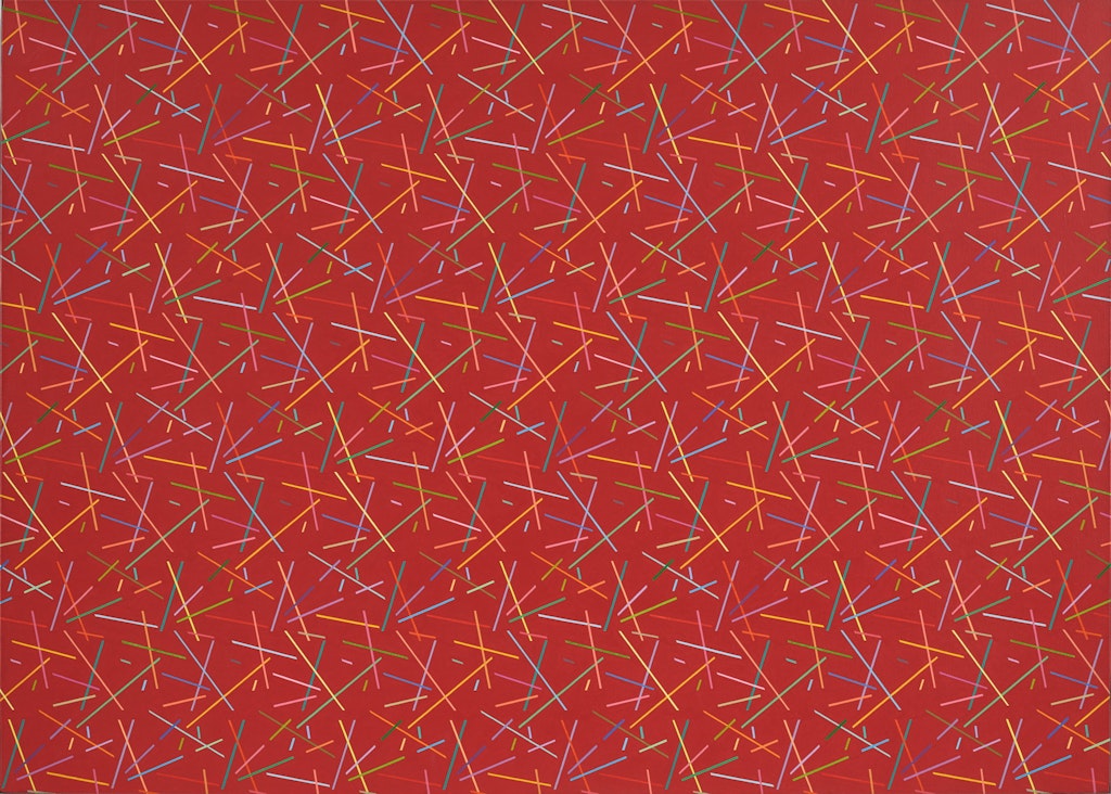 Many overlapping short lines in different colours on a red background