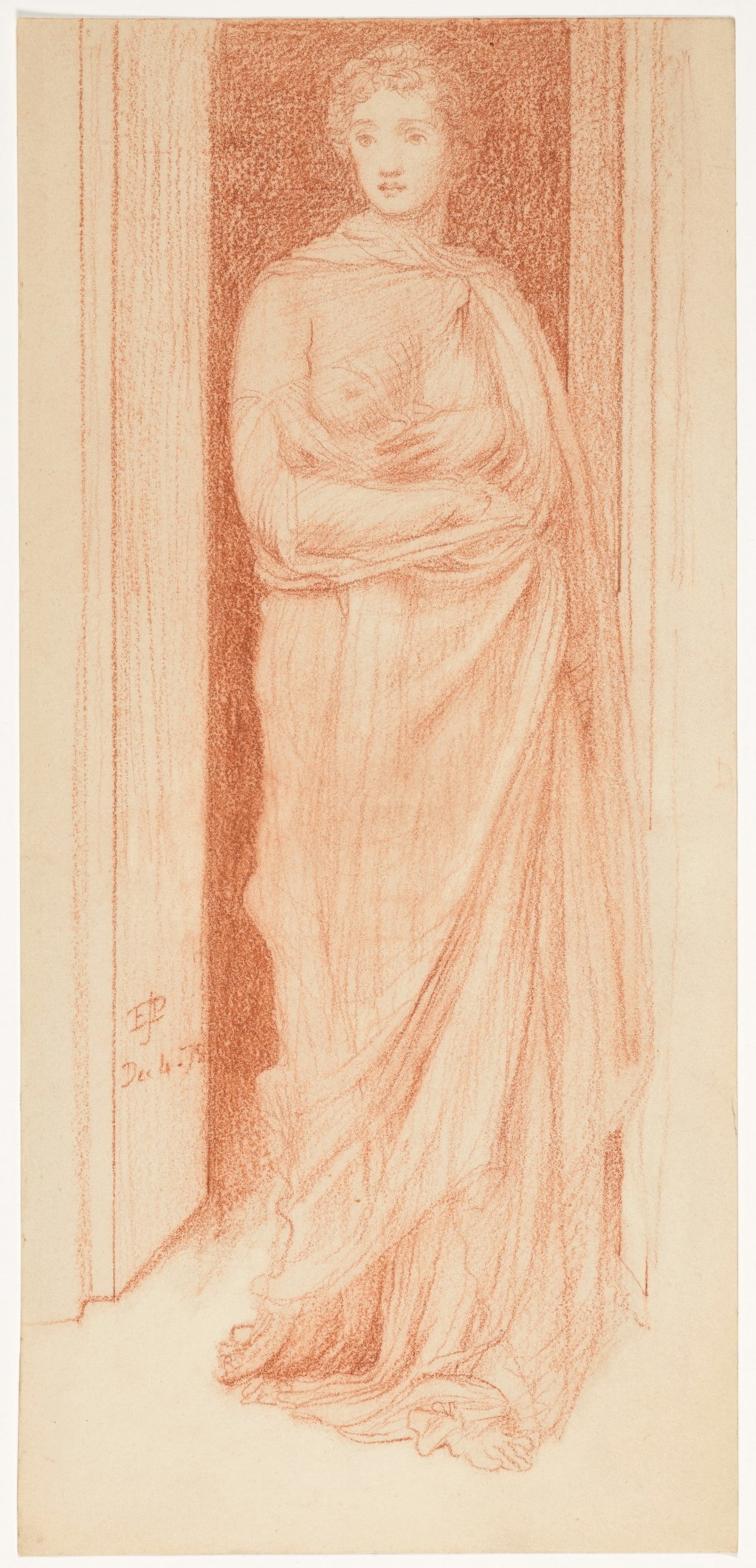 A sketch of a person draped in a long classical robe standing in a doorway