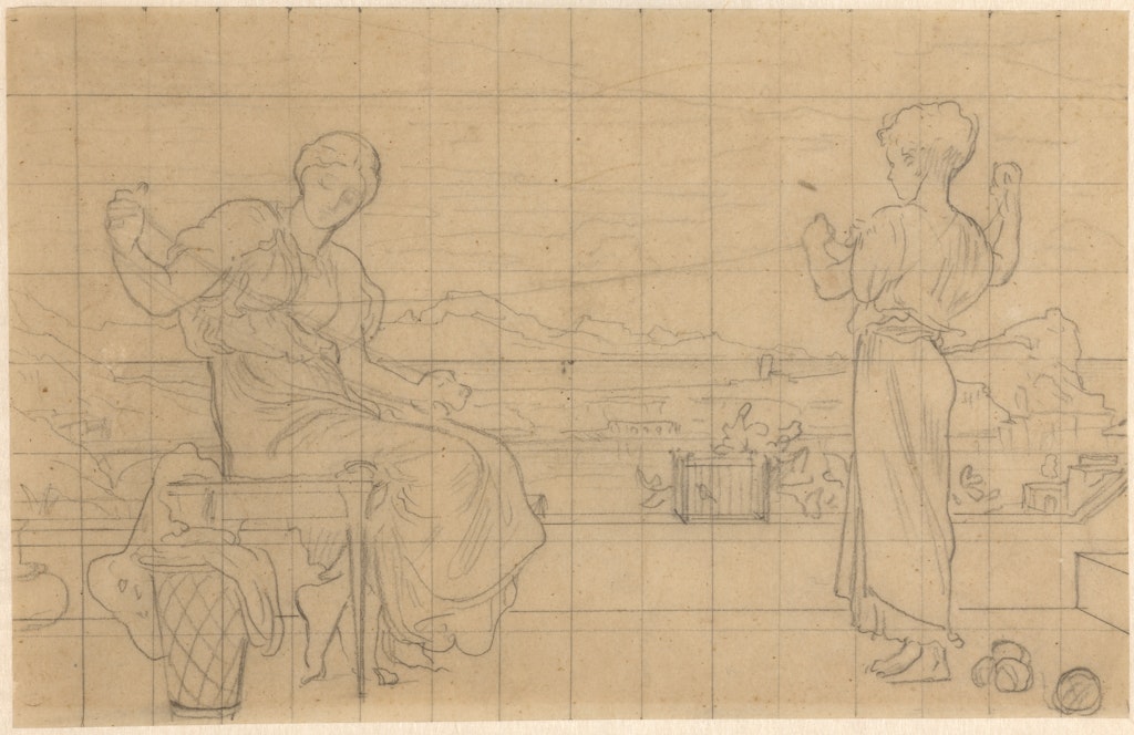 A gridded sketch of two people, on sitting and one standing, who are working together to wind wool