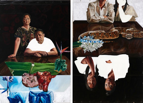 Two portraits each showing two people at tables that hold a variety of objects