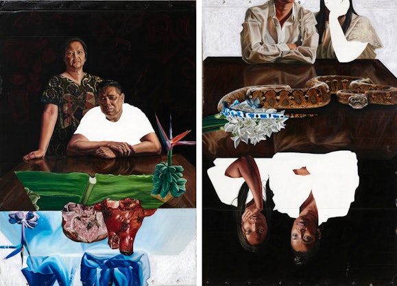 Two portraits each showing two people at tables that hold a variety of objects