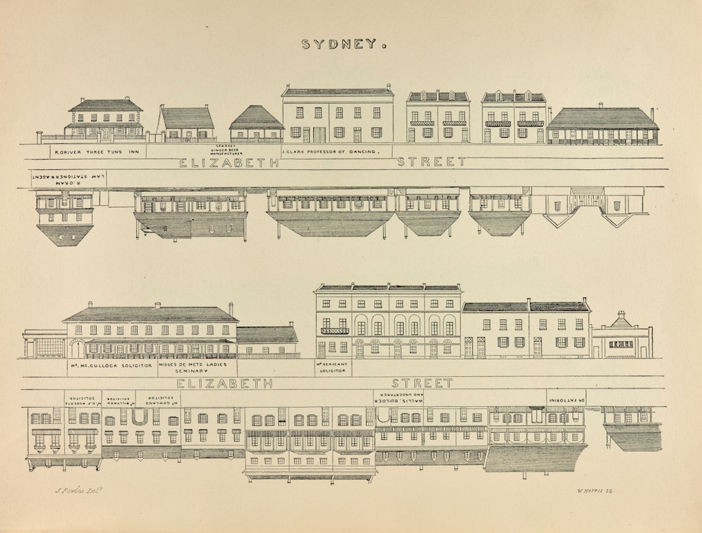 Drawing of two rows of buildings on both sides of a road labelled Elizabeth Street