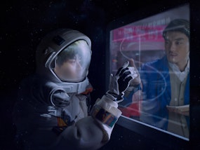 A young person in an astronaut suit holds up their hand to a glass window or monitor on which can be seen another person