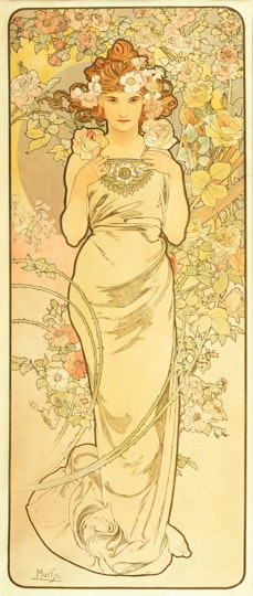 A person in a long gown with flowers in their hair and behind them