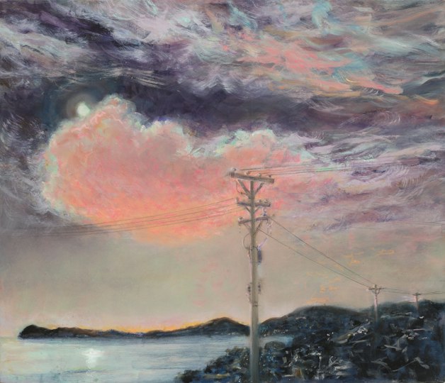 A telegraph pole in a seaside landscape at dusk