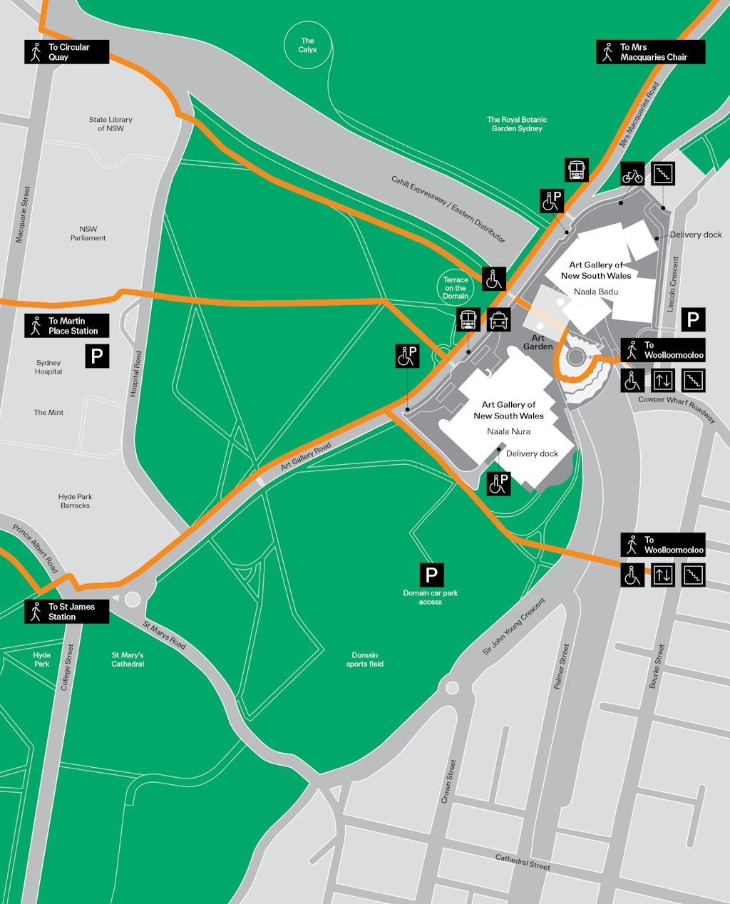 A map of the Art Gallery of New South Wales and its surrounds, with access routes indicated
