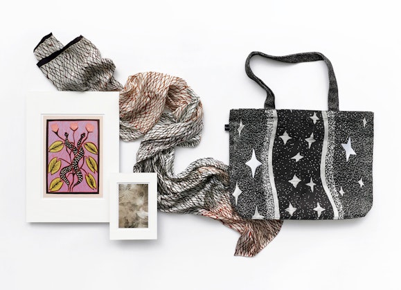 Artwork, scarf and tote bag