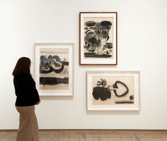 A person viewing three abstract monochrome artworks framed on a white gallery wall.