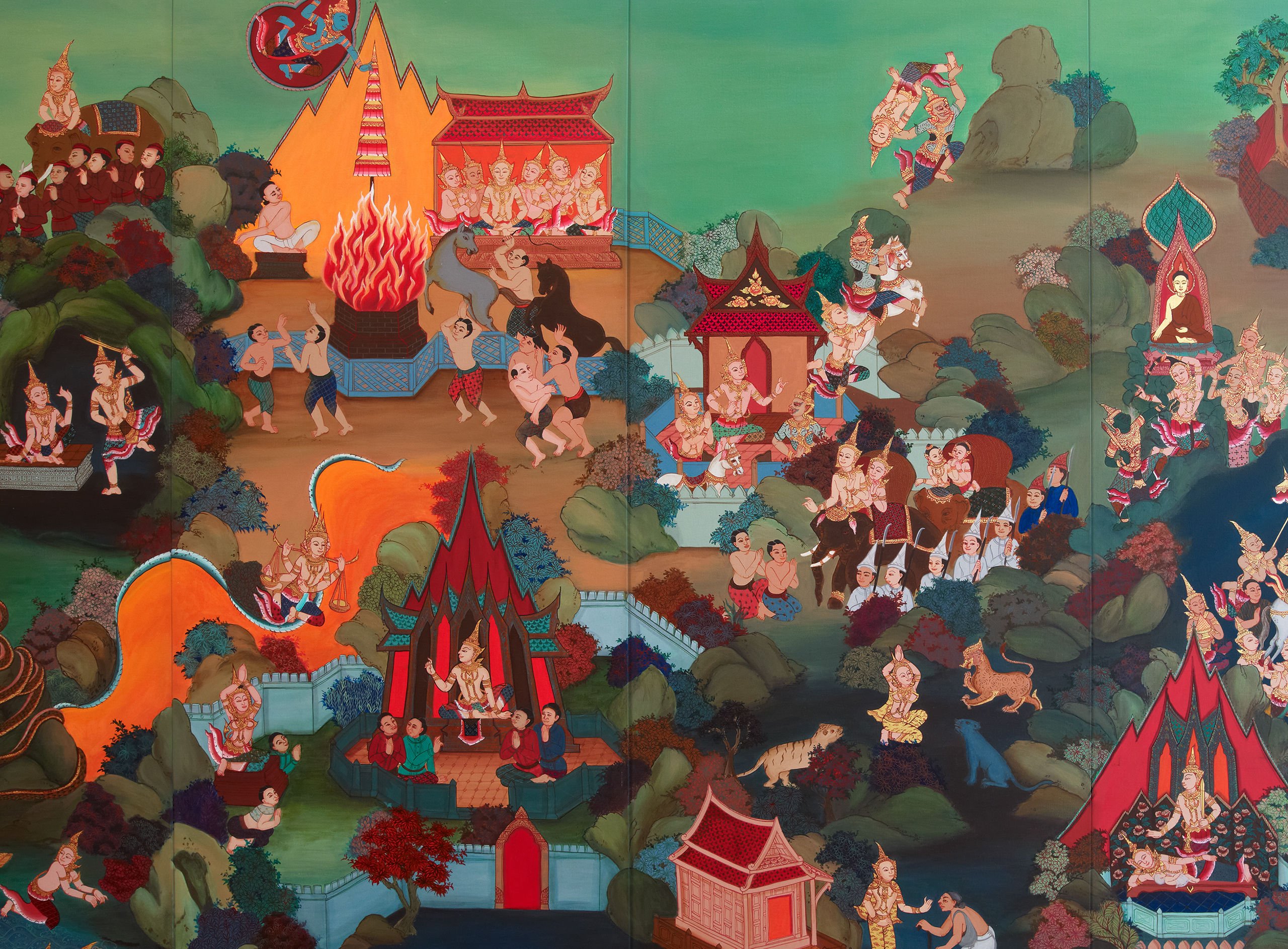 Lively village scene with crowds of people, buildings, temples, flowing water and surrounding green forests.