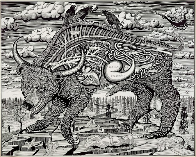 Illustration of an oversized bear with partially visible internal organs and skeletal structure towering over a city, with a baby lying below