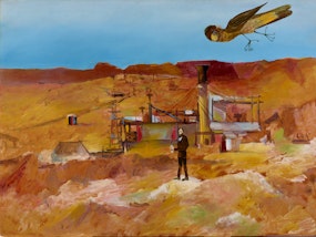 Australian outback scene with red earth, a man in a dark suit standing before a building structure, and a black cockatoo flying overhead in a blue sky.
