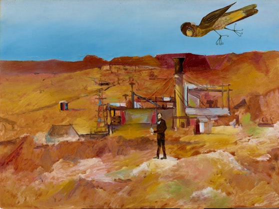 Australian outback scene with red earth, a man in a dark suit standing before a building structure, and a black cockatoo flying overhead in a blue sky.
