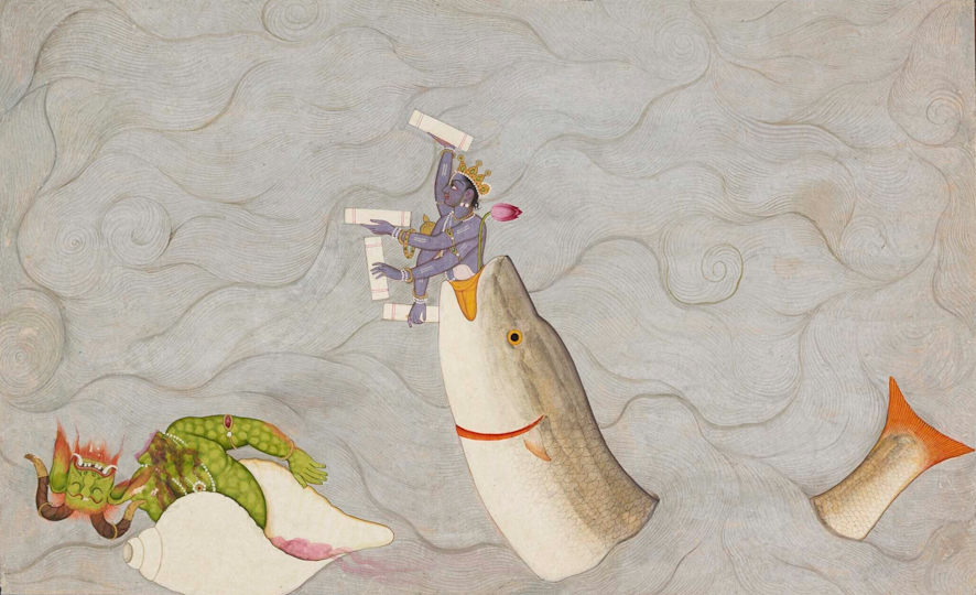 A miniature painting depicting Krishna riding a giant fish in swirling water while a green demon falls beside him.