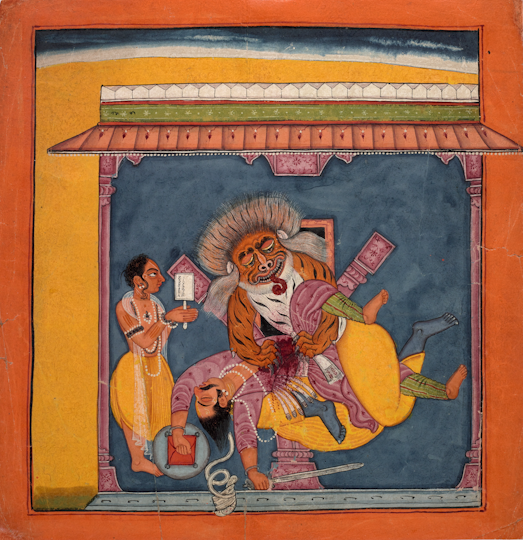 Traditional Indian painting of the lion-headed deity Narasimha tearing apart the demon Hiranyakashipu while a devotee looks on.