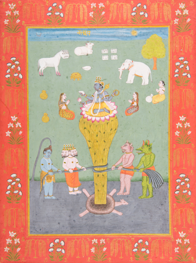 A multi-armed deity seated on a lotus rises from a pillar while gods, humans, and animal-headed beings pull at its base in a cosmic scene.