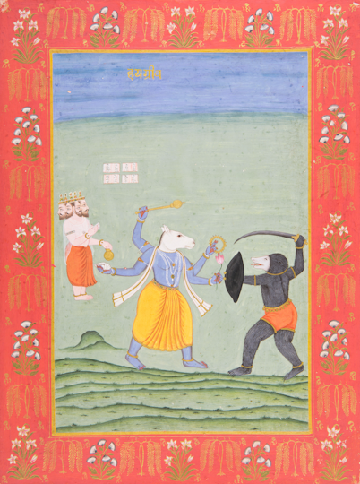 A multi-armed, animal-headed deity battles a dark demon figure while a crowned multi-headed individual watches from behind.