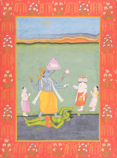 A boar-headed deity stands triumphantly over a fallen demon, holding sacred objects as attendants look on.
