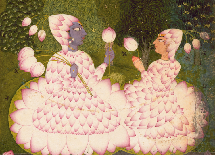 Two human figures emerging from large pink lotus flowers, facing each other in a garden pond filled with blooming lotuses.