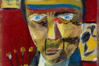 Painting of a man facing the viewer with yellow, blue and red horizontal stripes on his forehead, holding a paintbrush and palette.