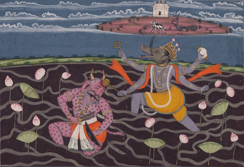 Painting of a boar-headed deity attacking a pink demon in a dark lotus pond, with an island and animals above.
