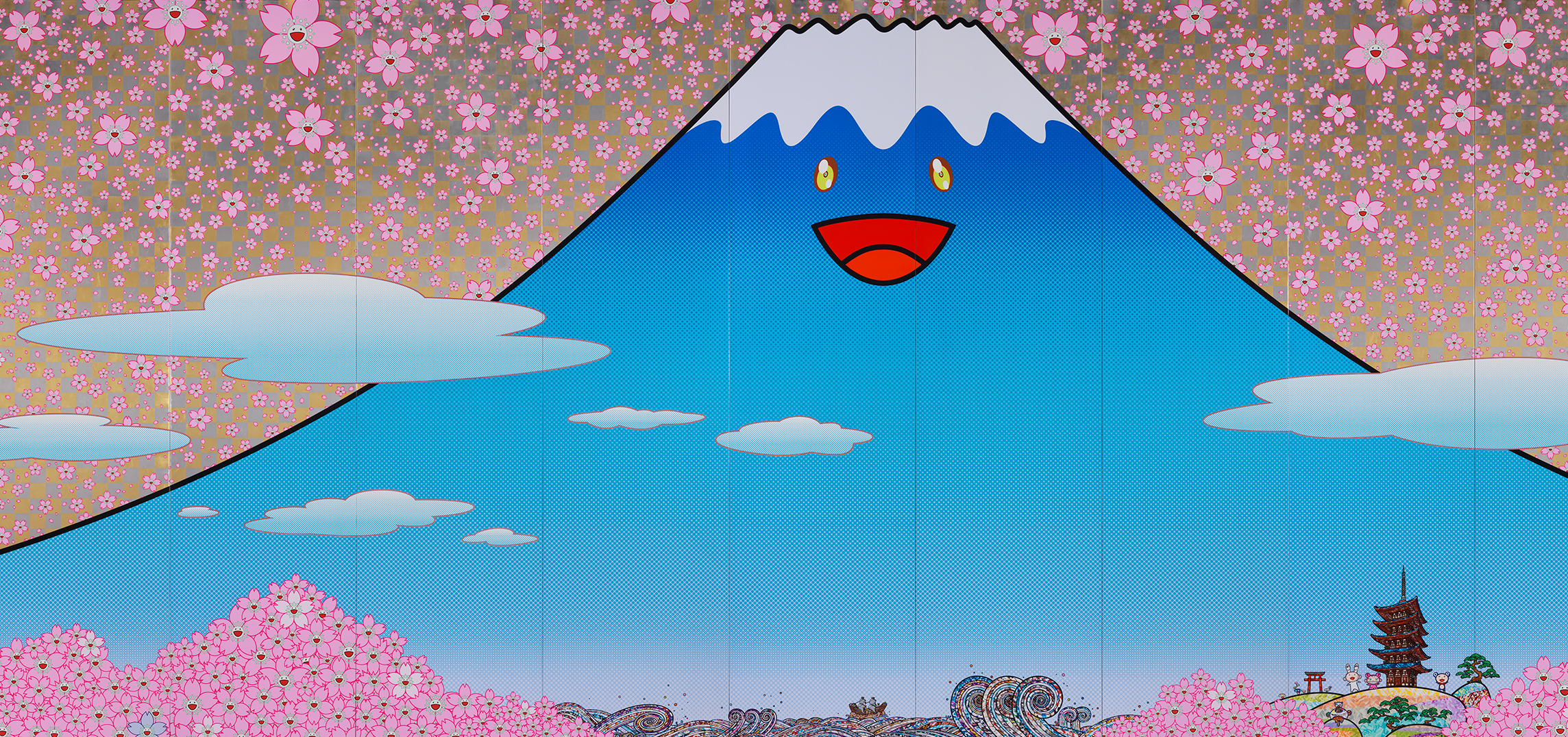 Cartoon of Mount Fuji with a smiling face and cherry blossoms filling the sky