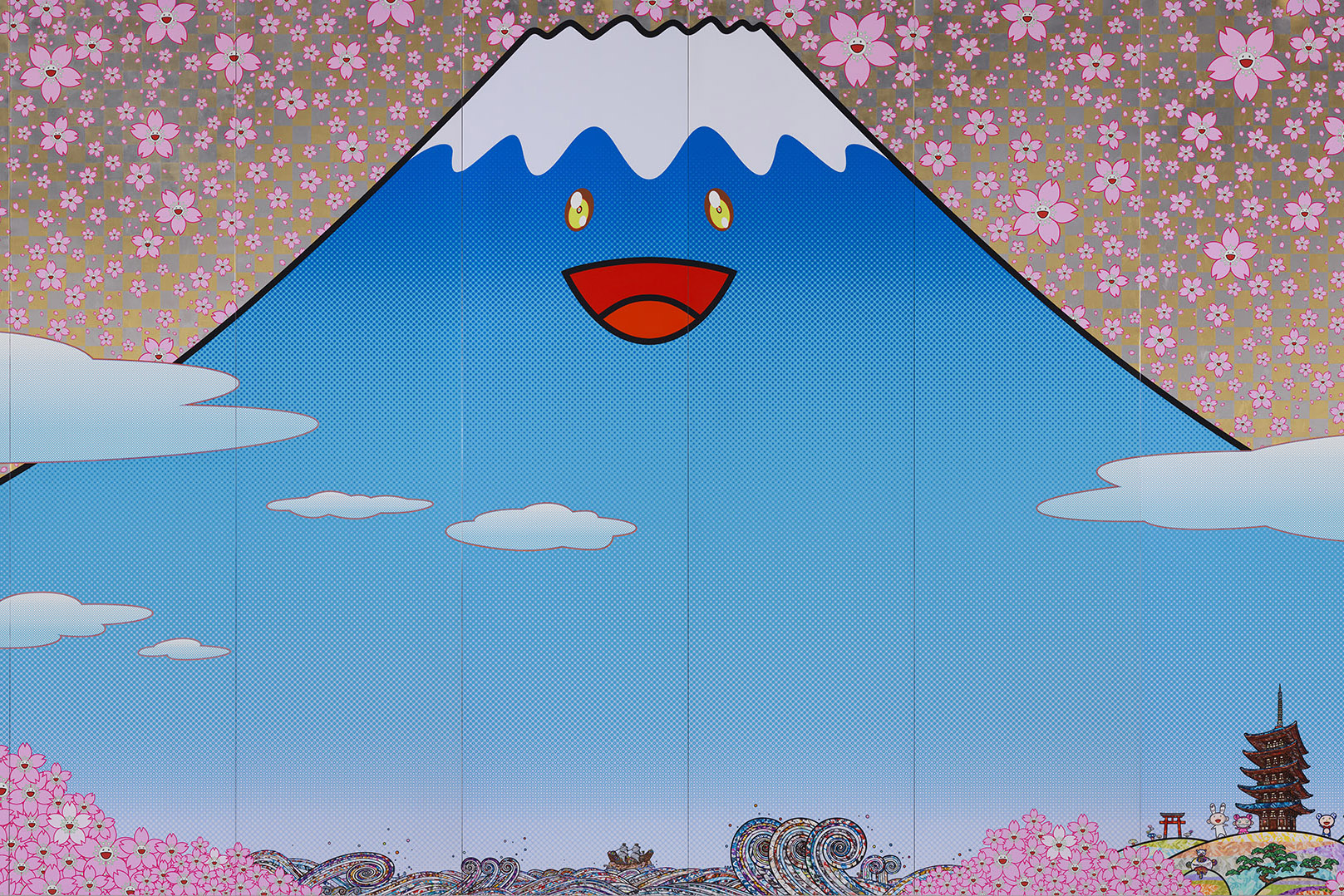 Cartoon of Mount Fuji with a smiling face and cherry blossoms filling the sky