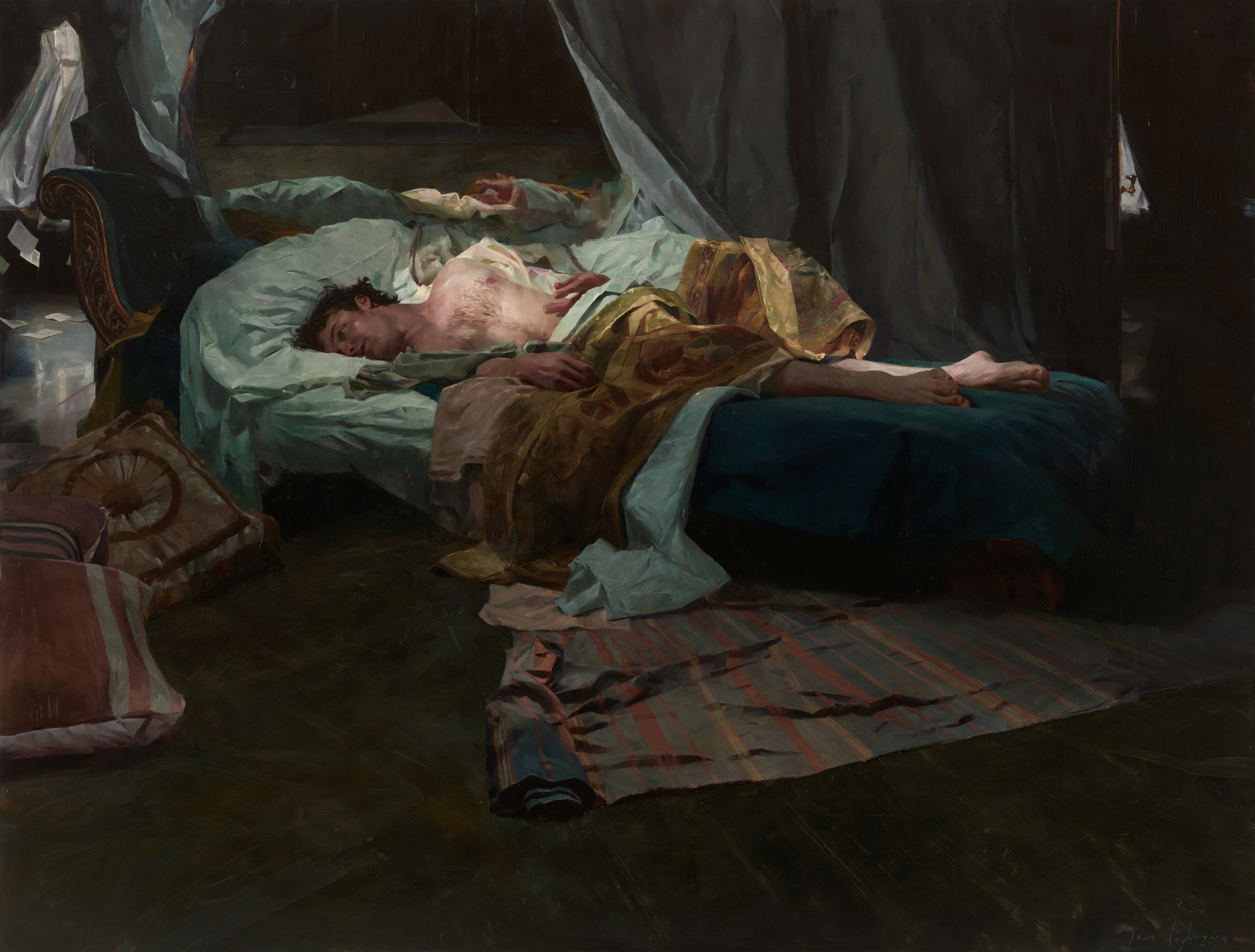 Dark room with a man lying on a disheveled bed