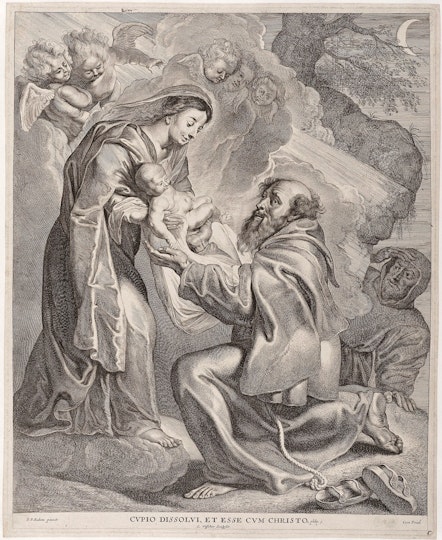 Kneeling man offering baby Jesus to a standing woman, with cherubs in the sky.