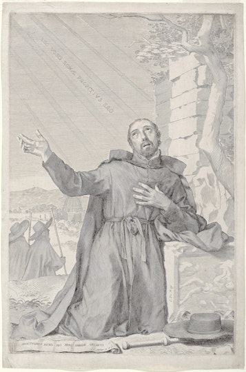 Kneeling robed man raising one hand toward the sky