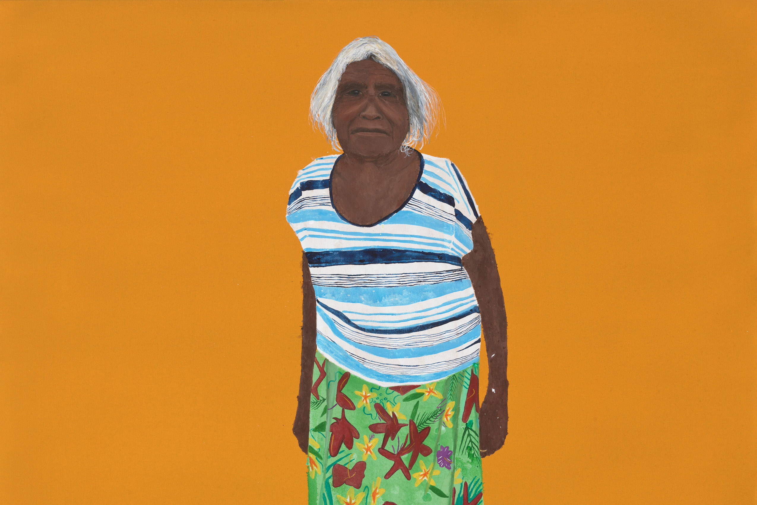 A painting of a person wearing blue-and-white striped shirt and green skirt with floral pattern