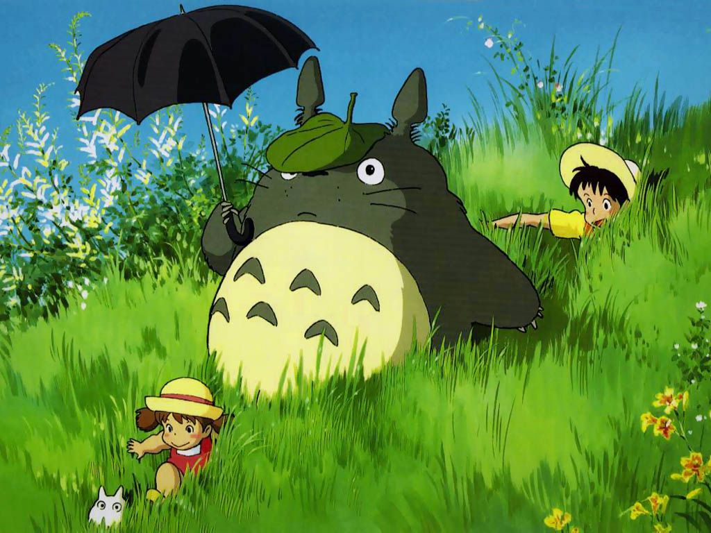 Two children play in tall grass beside a large cat-like animal holding an umbrella.