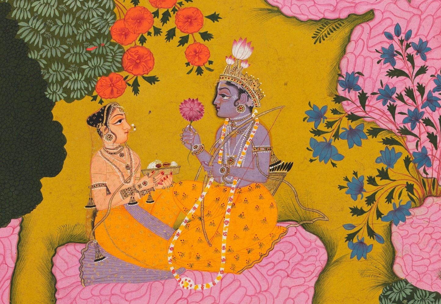 A miniature painting of two figures seated in a colorful garden next to a pond, surrounded by flowers and trees.