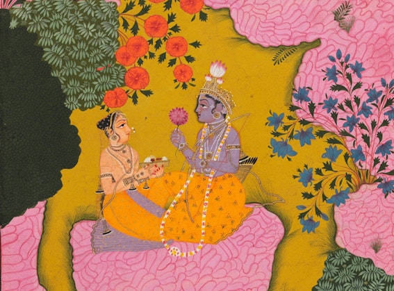 A miniature painting of two figures seated in a colorful garden next to a pond, surrounded by flowers and bushes.