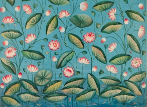 A painting of a pond with Lotus flowers