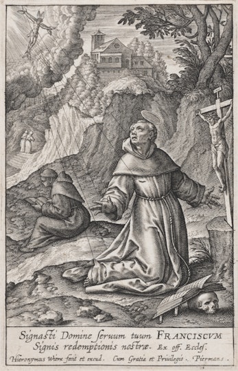 Kneeling robed man raising one hand toward the sky