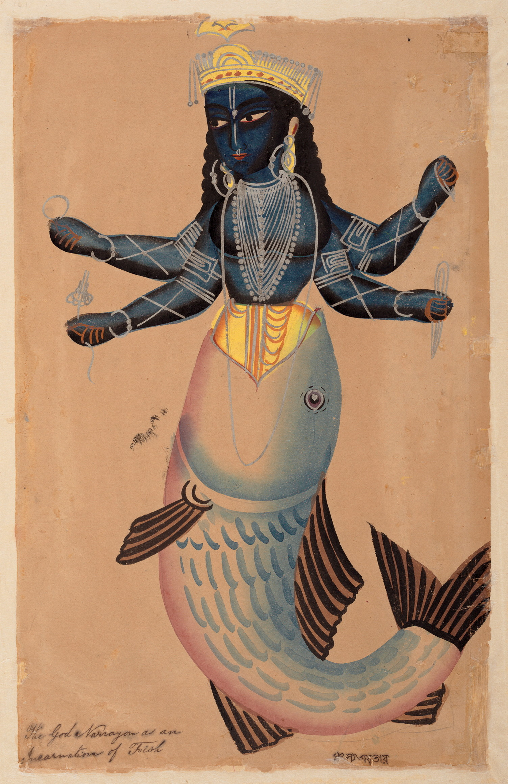 A painting of a half man with mutliple arms and a fish