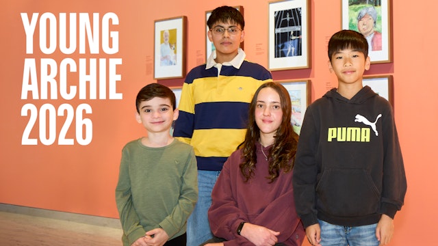 Four young people stand in front of a peach-coloured wall featuring portraits and the words "Young Archie 2026."