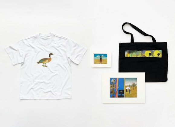 T-shirt, bag, postcard