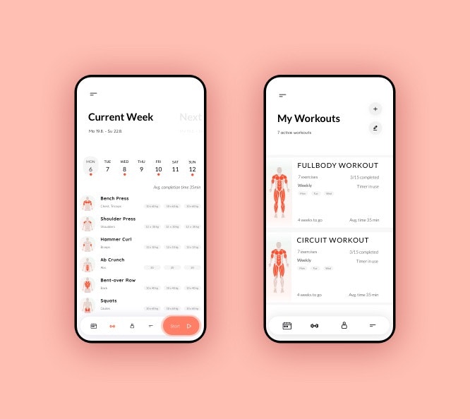 Gym app - week view and my workouts view