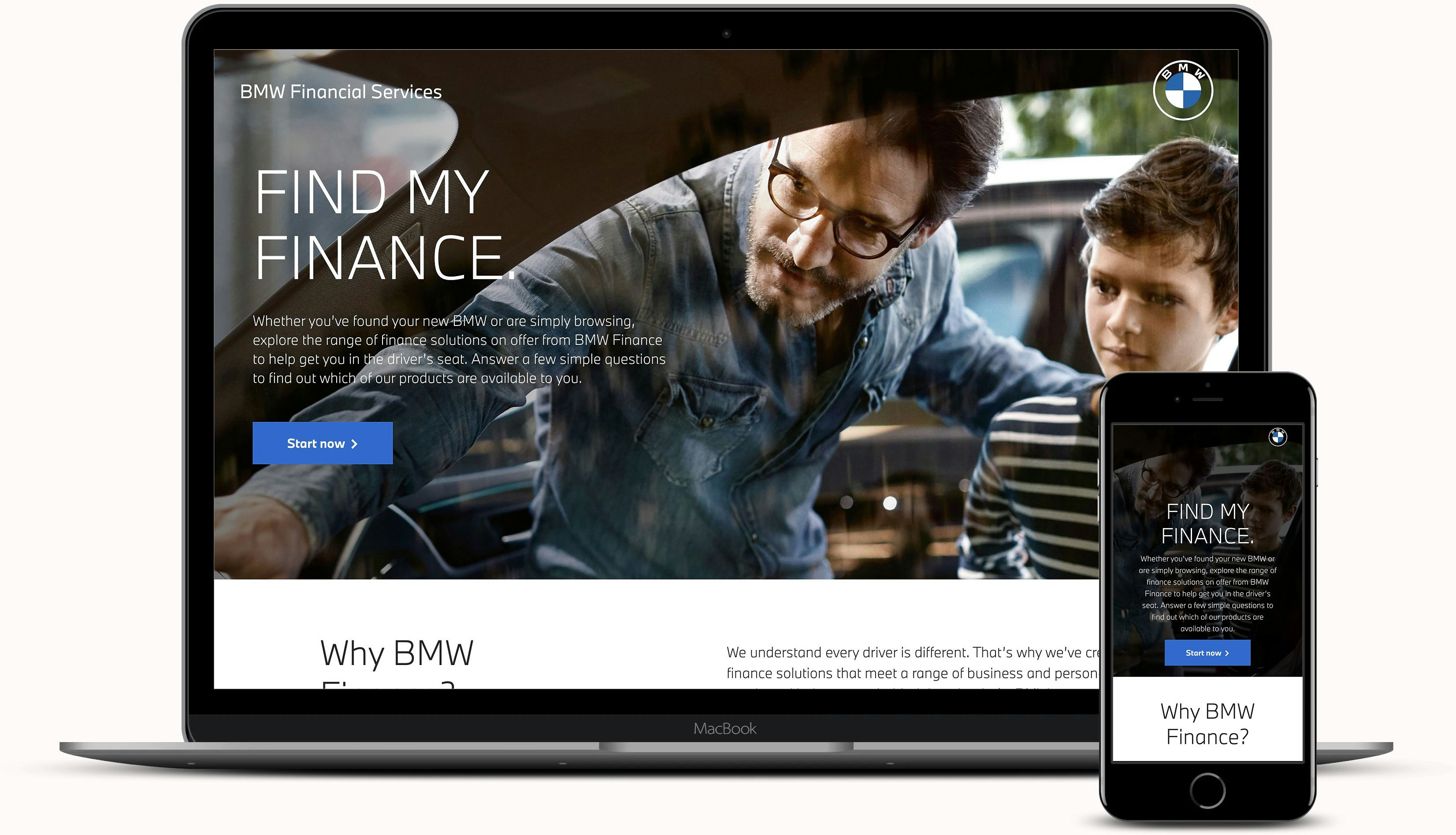 BMW Finance Finder Home Page A screenshot of the BMW Finance finder Homepage, side-by-side on desktop and mobile