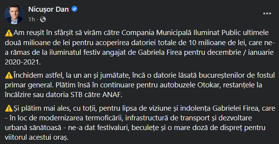 Captură de ecran, Facebook/ Nicușor Dan