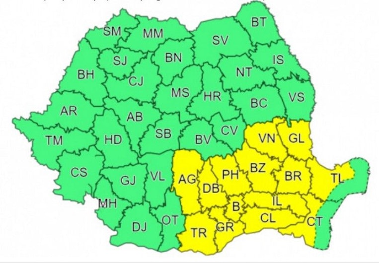 Codul galben, valabil până la ora 22:00