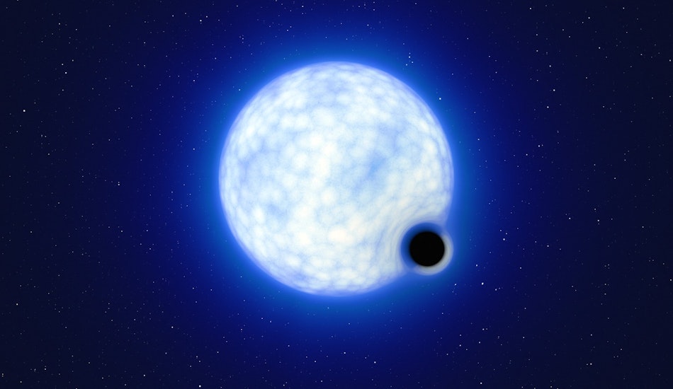 Această imagine difuzată de Observatorul European de Sud arată sistemul binar VFTS 243, compus dintr-o stea albastră cu o masă de 25 de ori mai mare decât cea a Soarelui și o gaură neagră