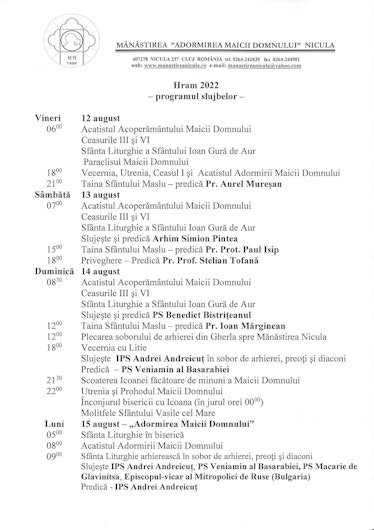 Programul pelerinajului de la Mânăstirea Nicula