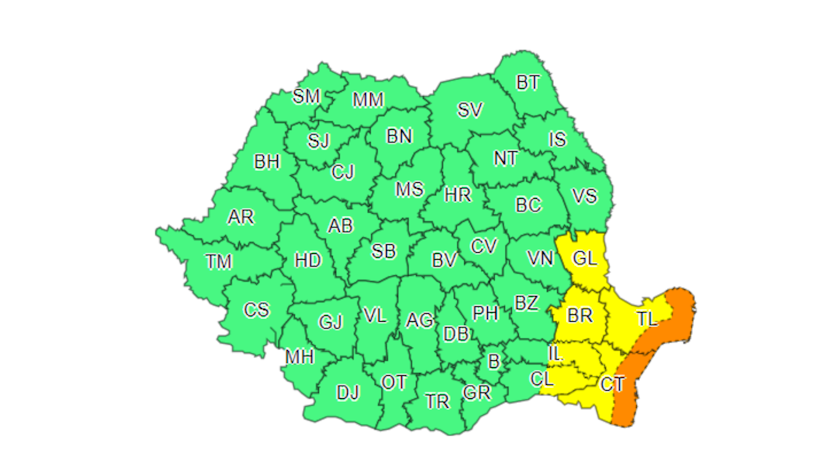 Se vor afla sub această atenţionare judeţele Galaţi, Brăila, Ialomiţa, Călăraşi şi, parţial, judeţele Tulcea şi Constanţa. vremea