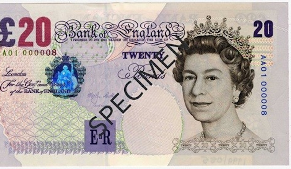 Bancnota de 20 de lire cu chipul Reginei Elisabeta a II-a