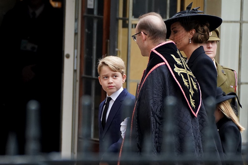 Prince George, left, and Kate, Princess of Wales, right, arrive at Westminster Abbey on the day of Queen Elizabeth II funeral in