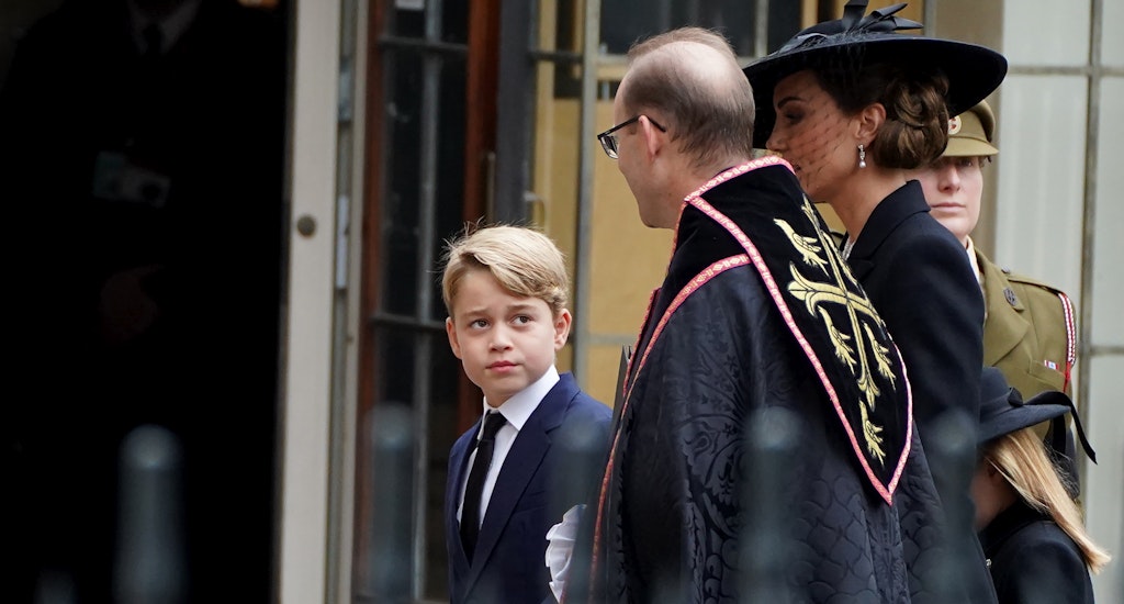 Prince George, left, and Kate, Princess of Wales, right, arrive at Westminster Abbey on the day of Queen Elizabeth II funeral in